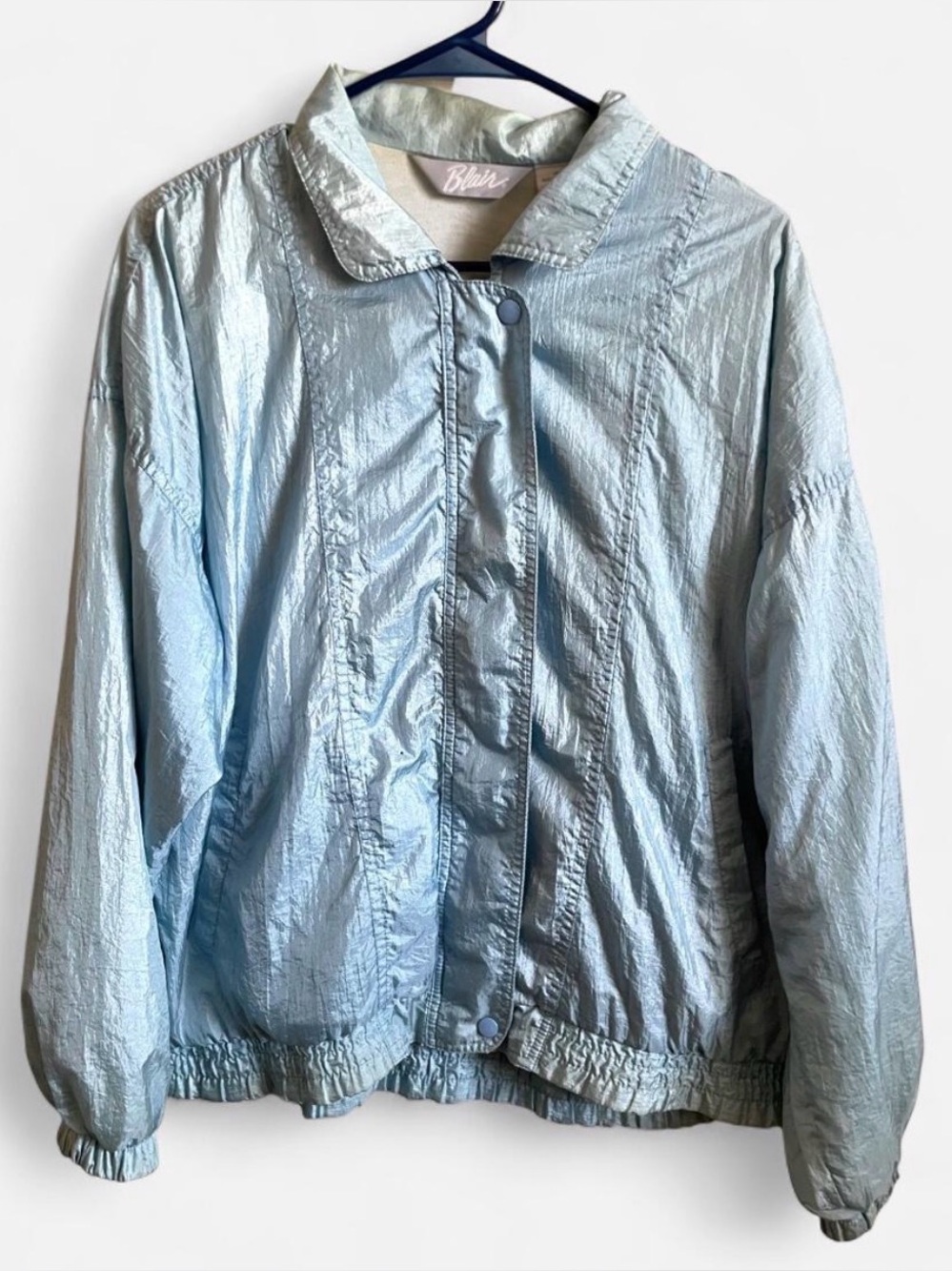 Vintage Blair Retro Metallic Blue Iridescent Nylon Windbreaker Jacket Lined M